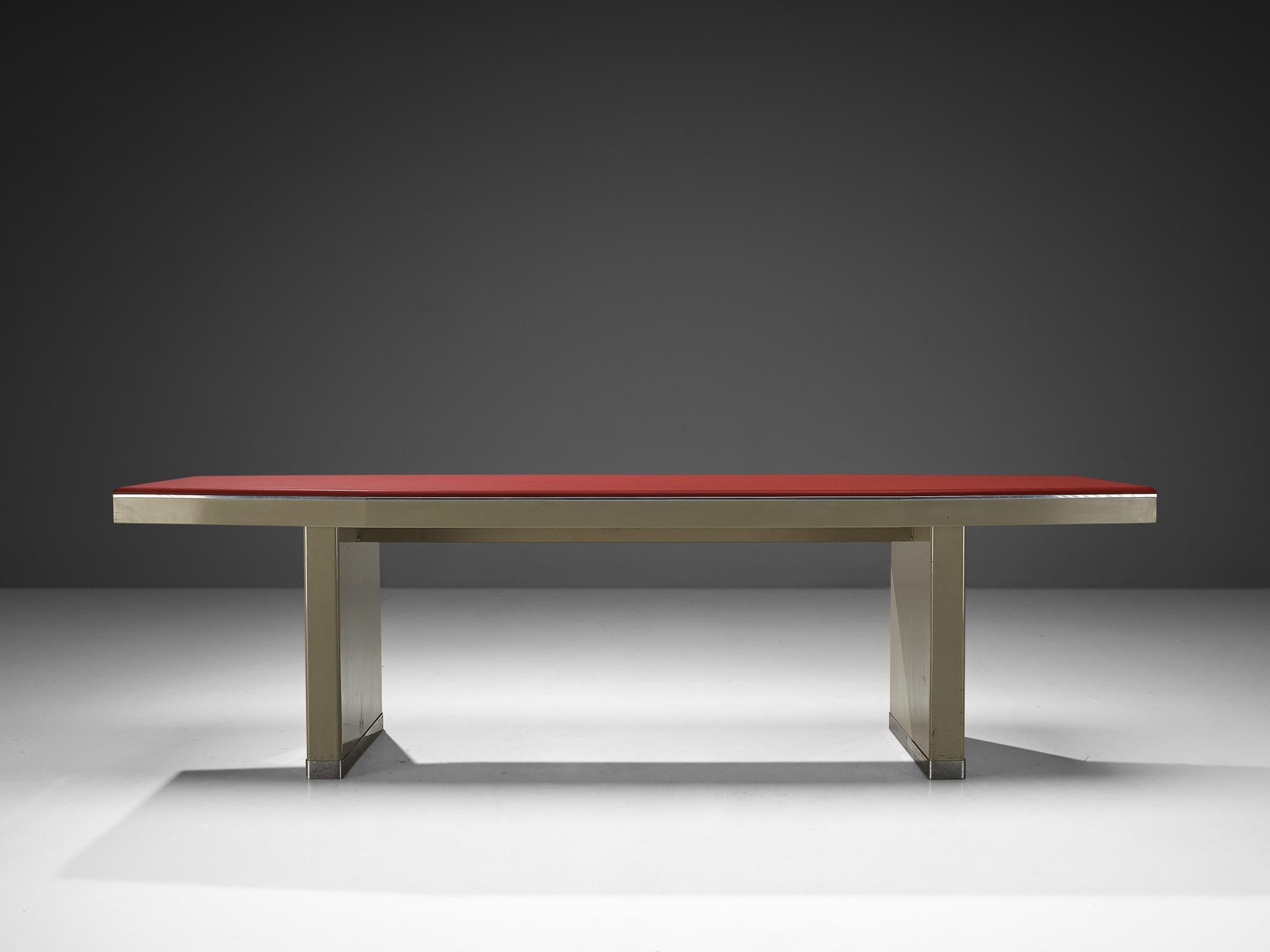 1950s Industrial Italian Dining Table with Red Top and Light Grey Frame For Sale 3