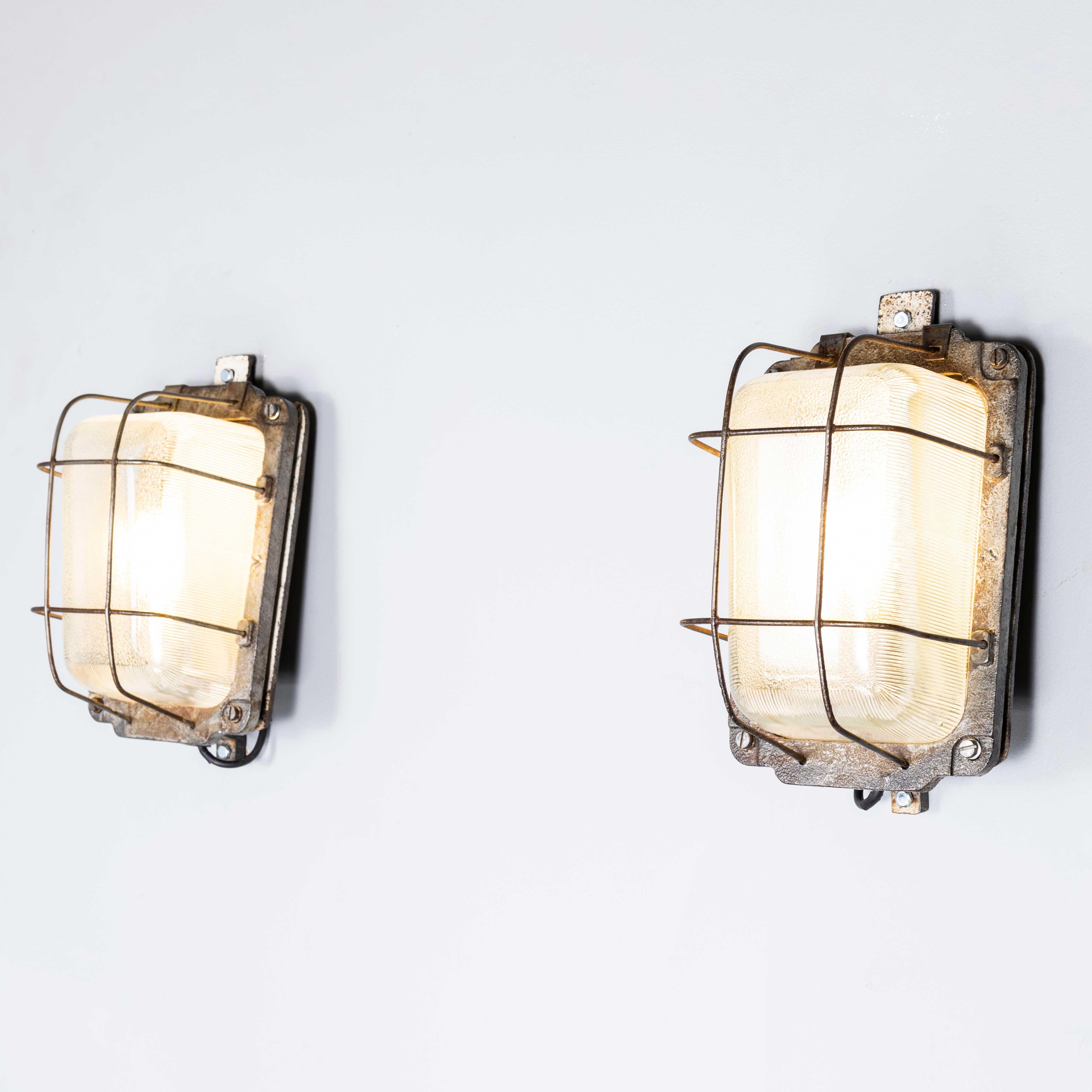 1950’s Industrial Steel Bulkhead Lamps – Pair.
1950’s Industrial Steel Bulkhead Lamps – Pair. Each lamp has been cleaned and restored and all electrical components have been removed and replaced with modern European CE standard components to BS EN