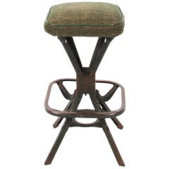 1950s Industrial Steel Stool with Green Upholstered Seat and Foot Rail