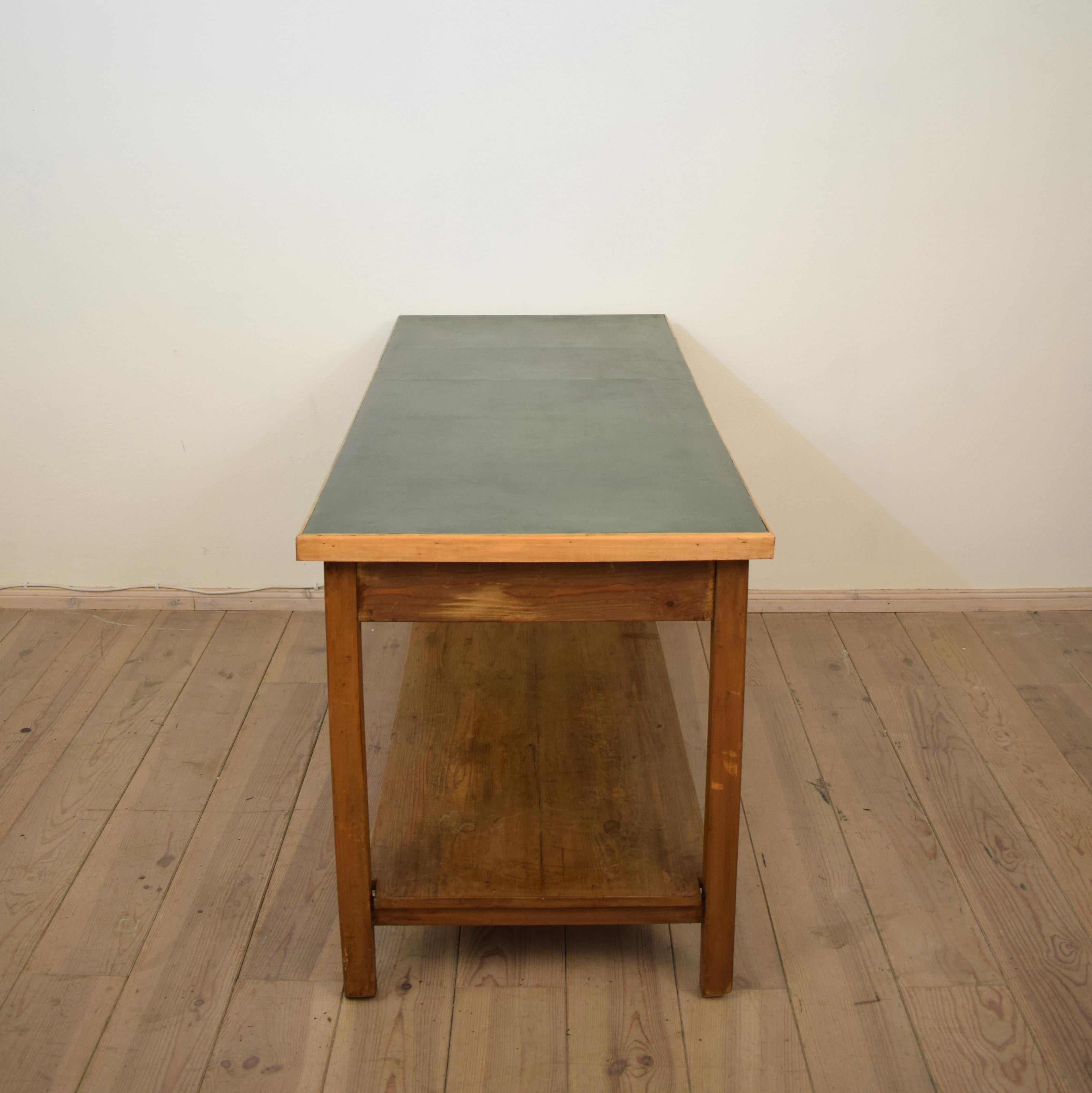 1950s German Industrial Working Table in Brown Pine with Green Linoleum Top 3