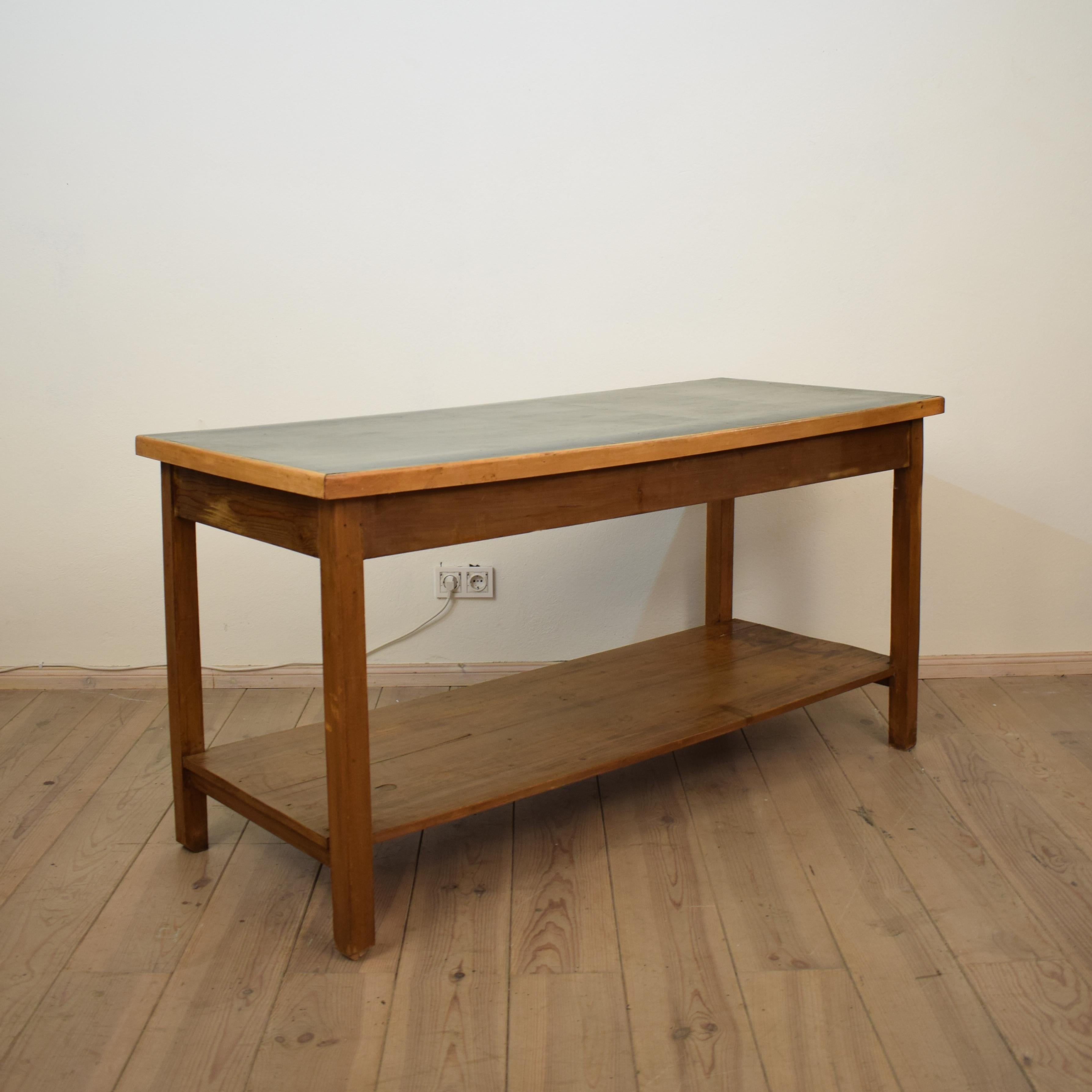 1950s German Industrial Working Table in Brown Pine with Green Linoleum Top 4