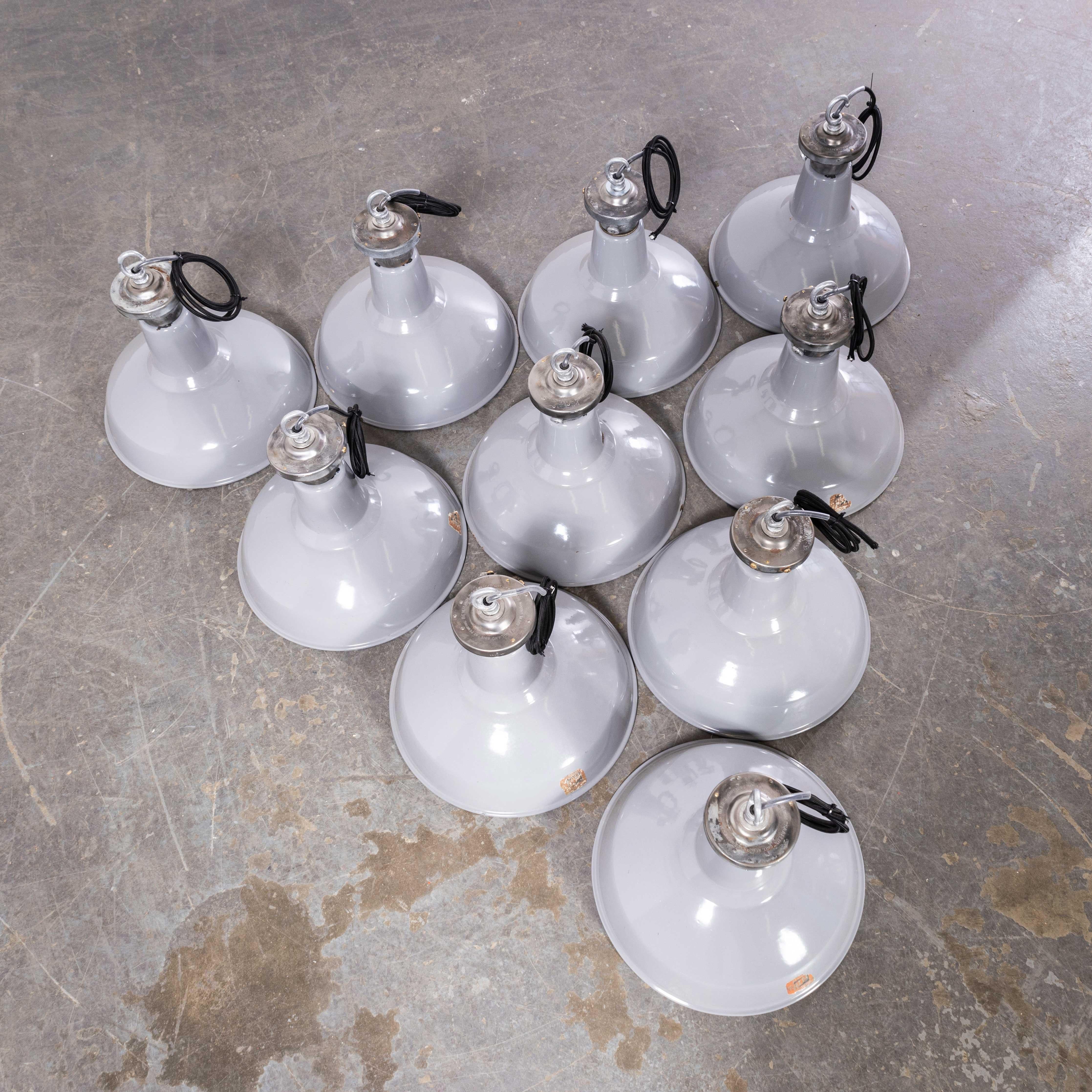 1950’s Industrial Grey Benjamin Enamelled Pendant Lamps – 16 Inch
1950’s Industrial Grey Benjamin Enamelled Pendant Lamps. Listing is for one lamp, several available. Benjamin was arguably the market leader in industrial lighting in the 1930’s