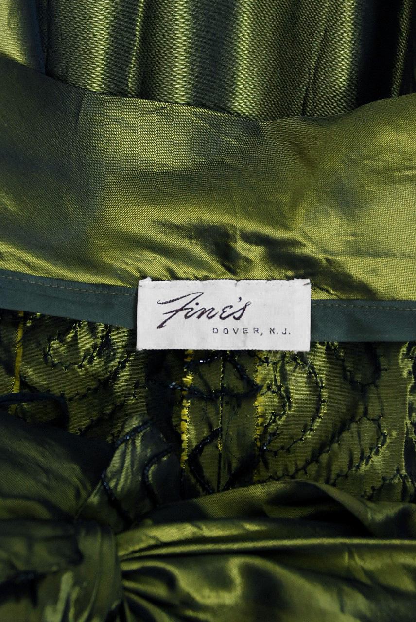 1950's Iridescent Olive-Green Embroidered Taffeta Strapless Bow Dress & Shawl 4