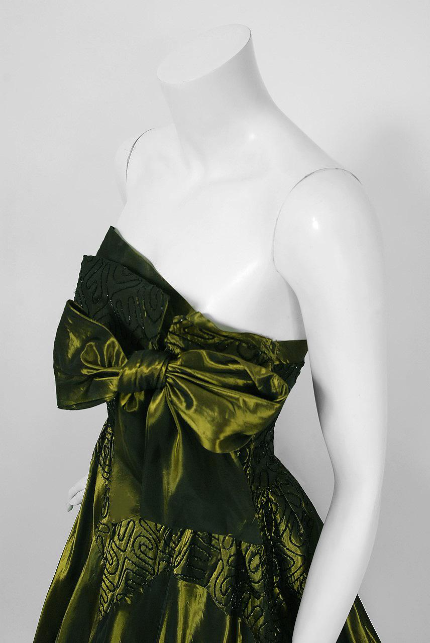 Black 1950's Iridescent Olive-Green Embroidered Taffeta Strapless Bow Dress & Shawl 