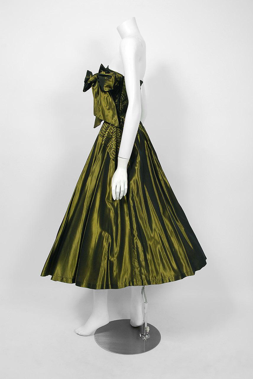 Women's 1950's Iridescent Olive-Green Embroidered Taffeta Strapless Bow Dress & Shawl 