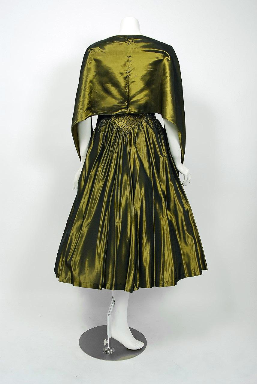 1950's Iridescent Olive-Green Embroidered Taffeta Strapless Bow Dress & Shawl  1