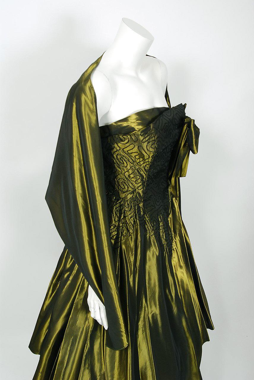 1950's Iridescent Olive-Green Embroidered Taffeta Strapless Bow Dress & Shawl  2