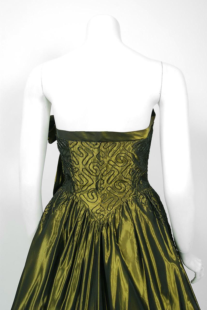 1950's Iridescent Olive-Green Embroidered Taffeta Strapless Bow Dress & Shawl  3