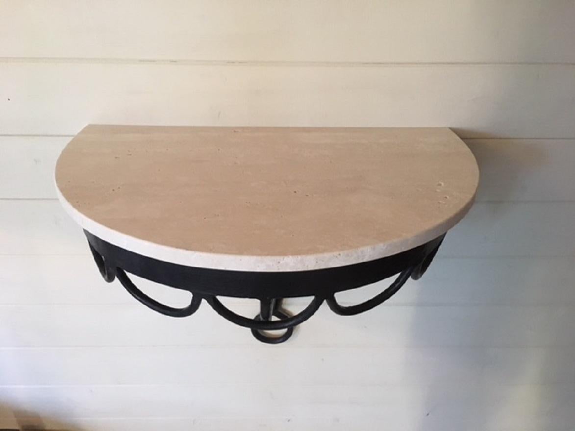 20th Century 1950s Iron and Travertine Console Table