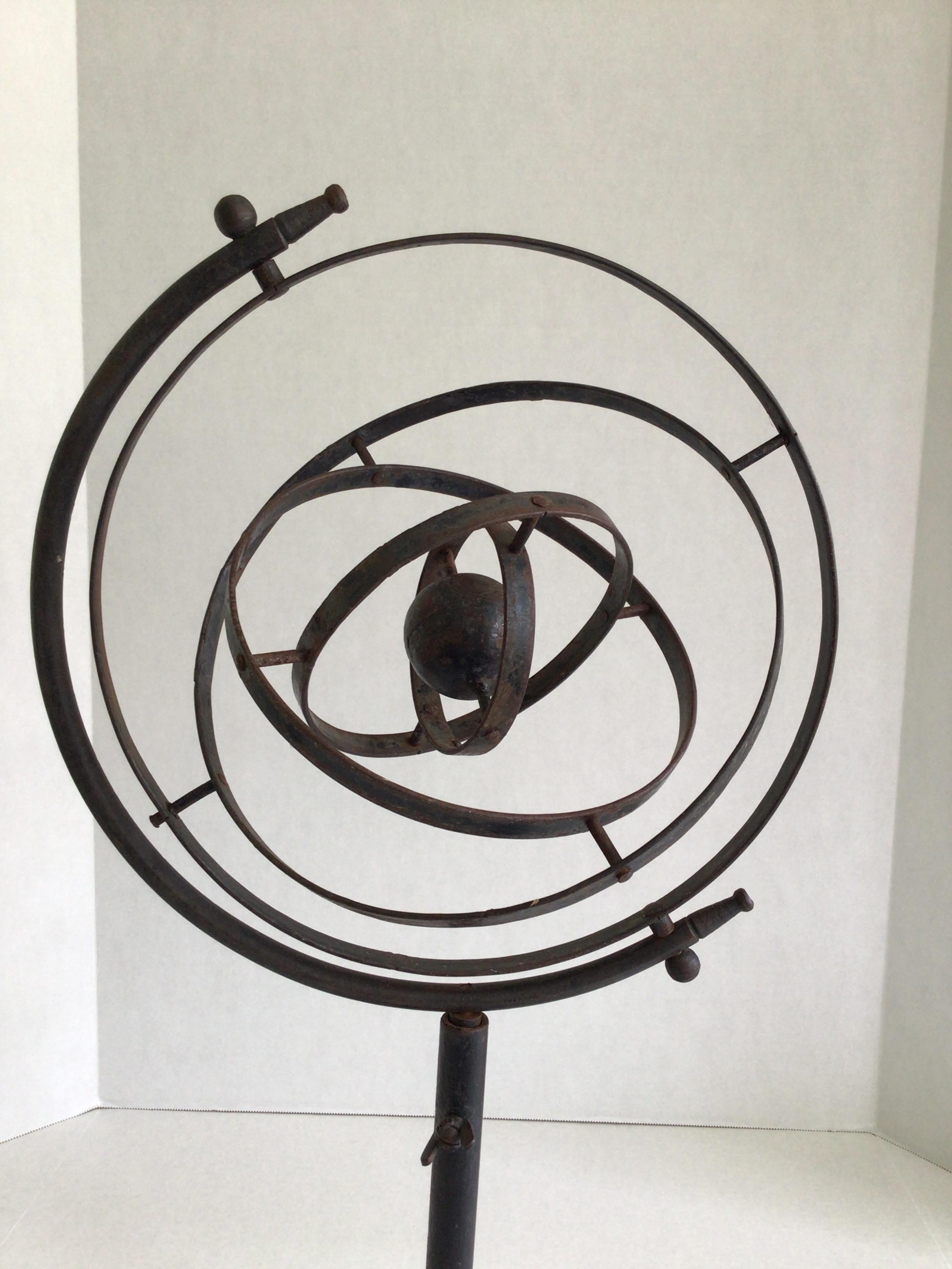 1950s Iron Armillary or Rotating Sphere on Metal Base In Good Condition For Sale In Tarrytown, NY