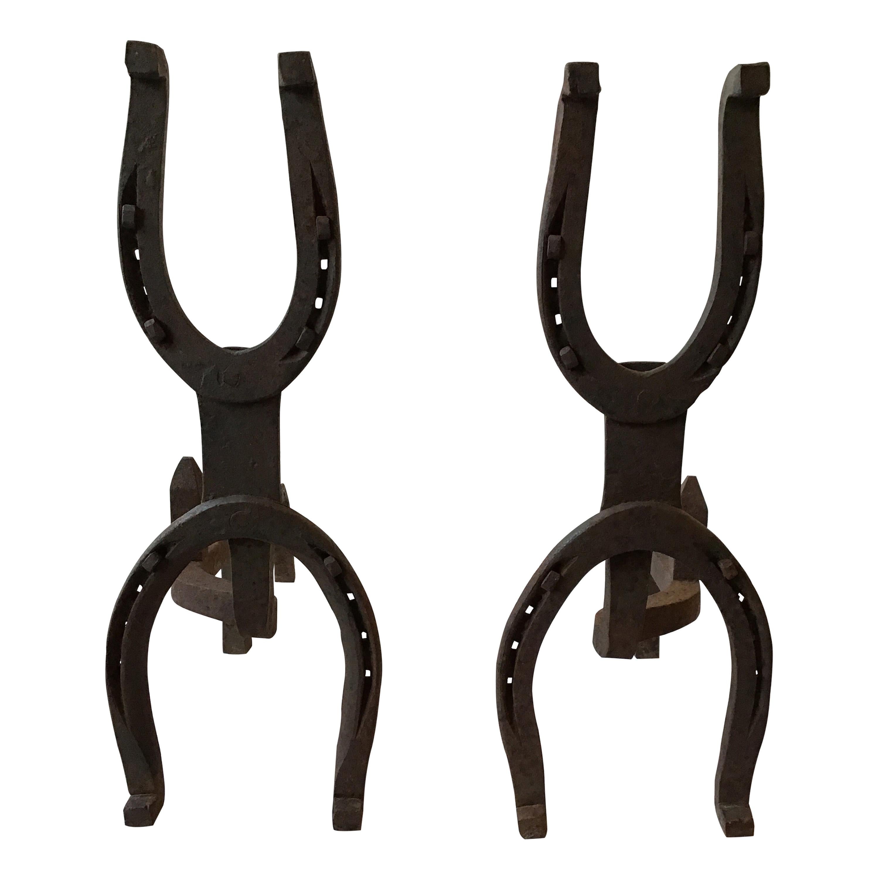 1950s Iron Horseshoe Andirons For Sale