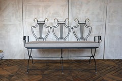 1950s Iron Lyre Back Settee With Brass Swan Heads & Paw Feet by Maison Jansen