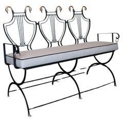 1950s Iron Lyre Back Settee With Brass Swan Heads & Paw Feet by Maison Jansen