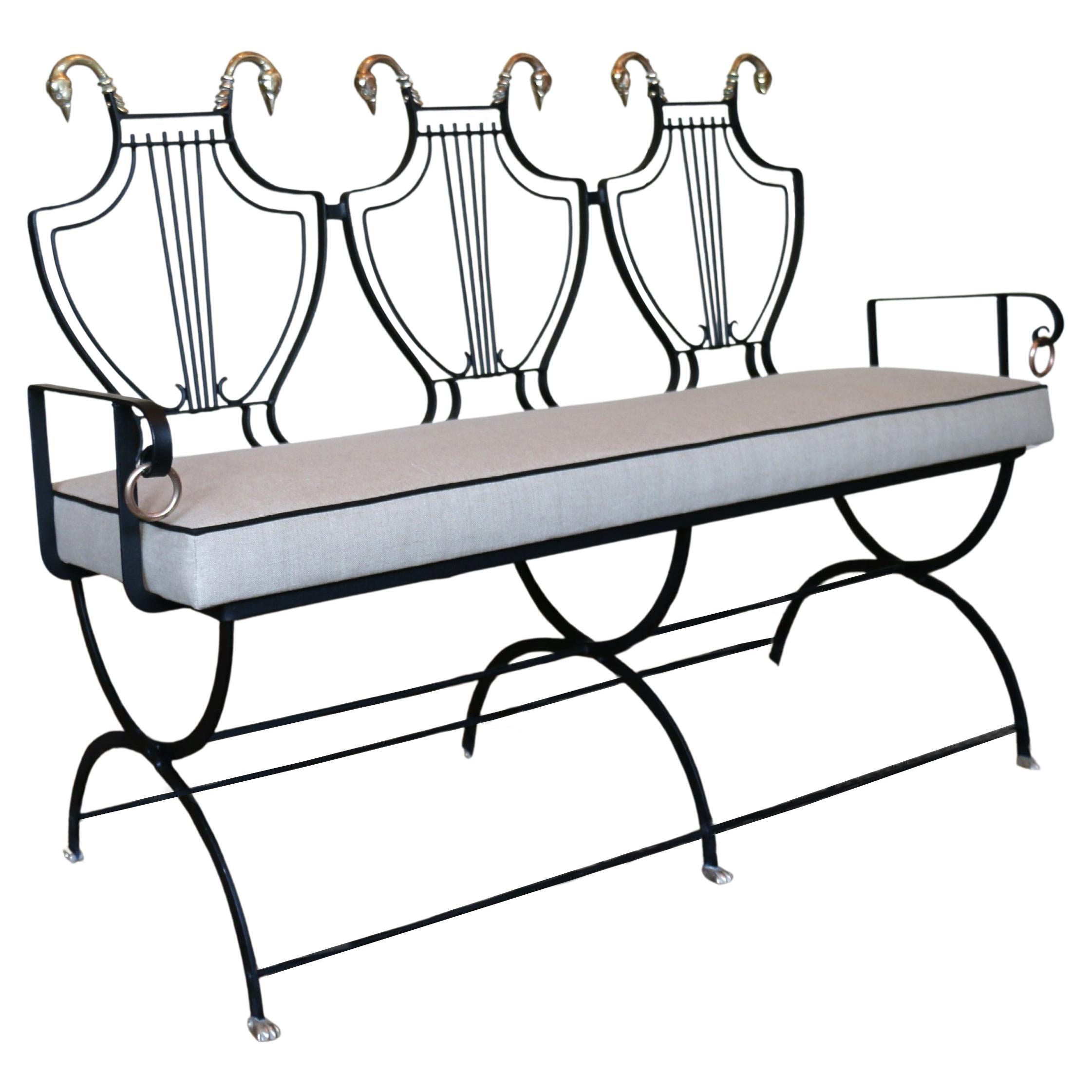 1950s Iron Lyre Back Settee With Brass Swan Heads & Paw Feet by Samuel Copelon