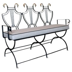1950s Iron Lyre Back Settee With Brass Swan Heads & Paw Feet by Samuel Copelon