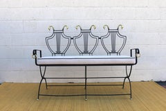 1950s Iron Lyre Back Settee With Brass Swans Heads and Paw Feet by Maison Jansen