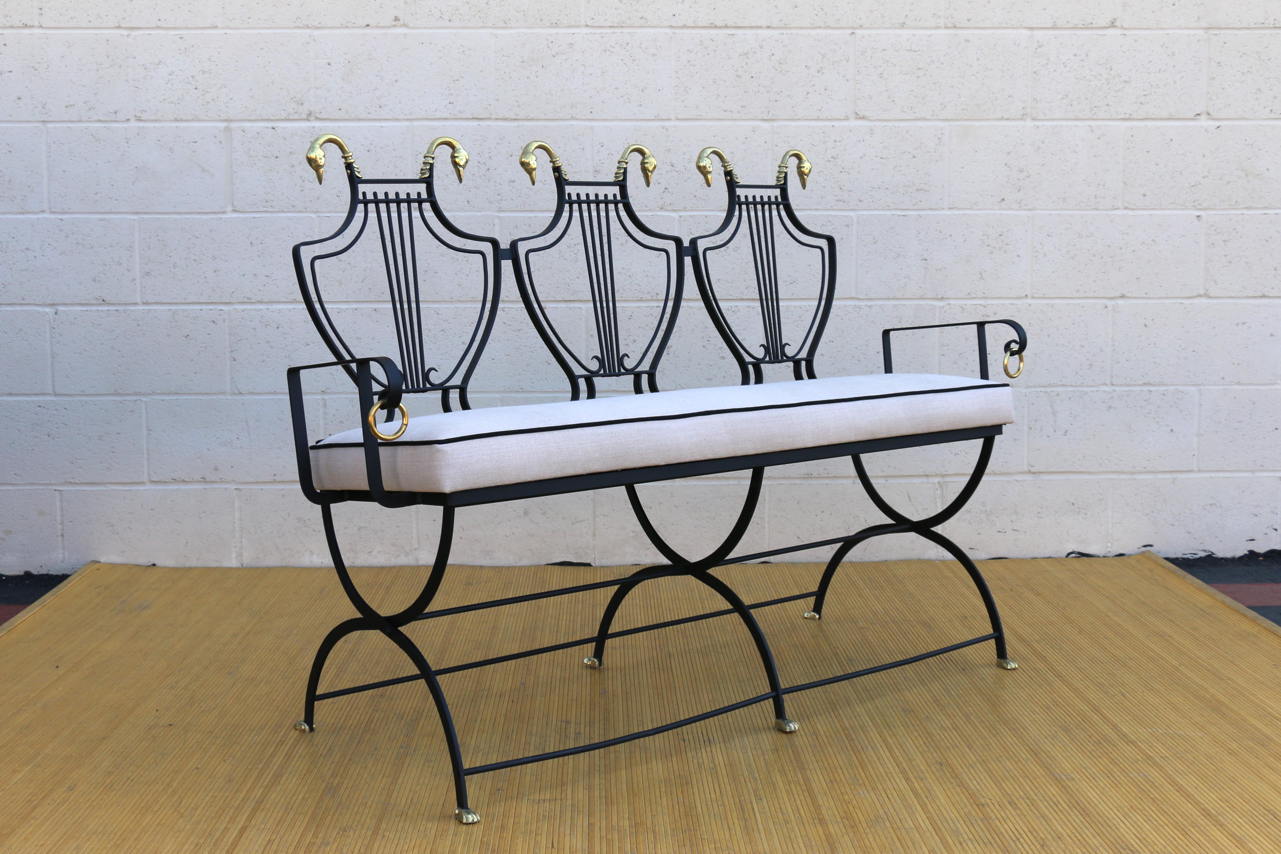 Neoclassical 1950s Iron Lyre Back Settee With Brass Swans Heads and Paw Feet by Maison Jansen