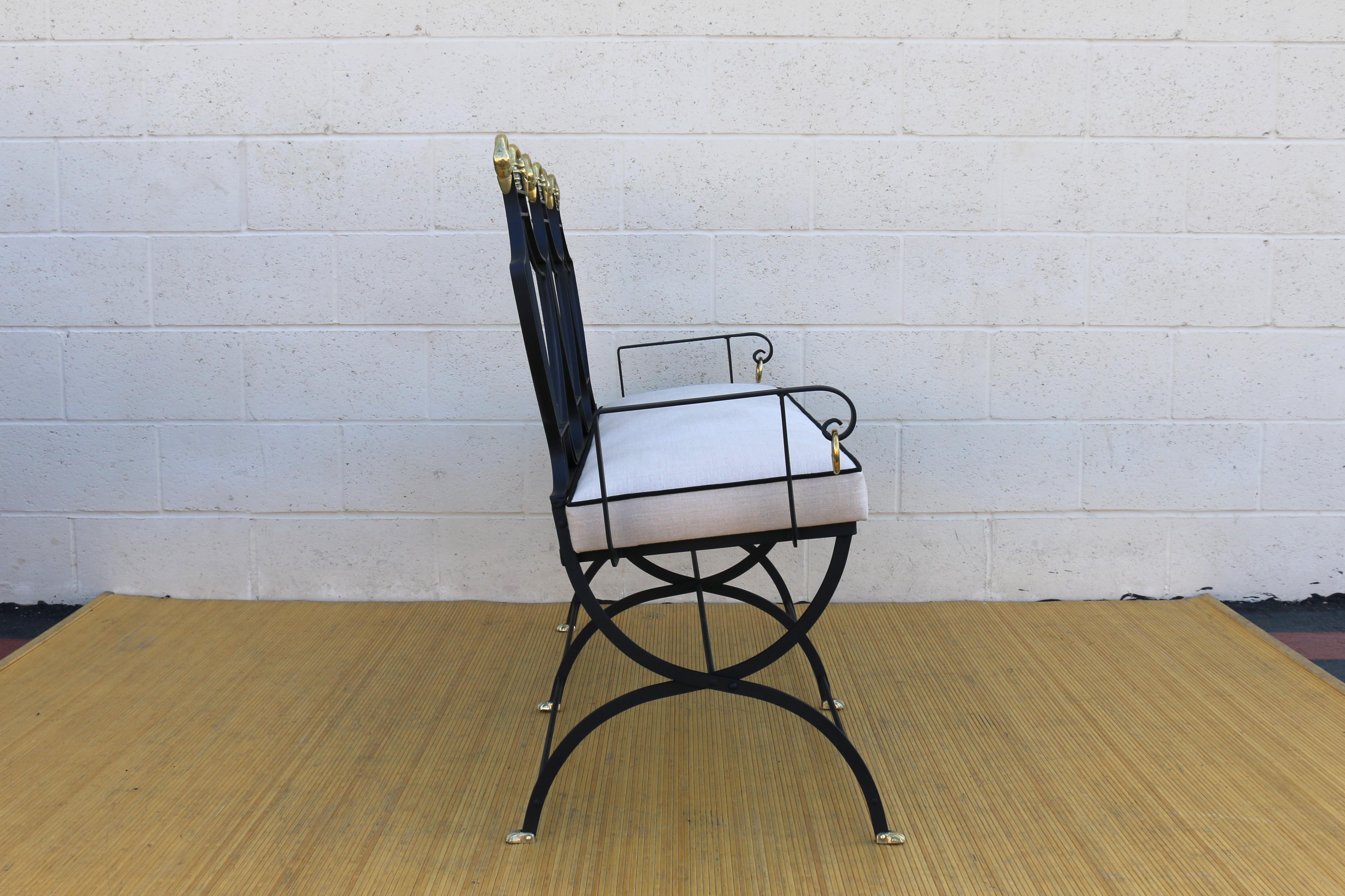 Italian 1950s Iron Lyre Back Settee With Brass Swans Heads and Paw Feet by Maison Jansen