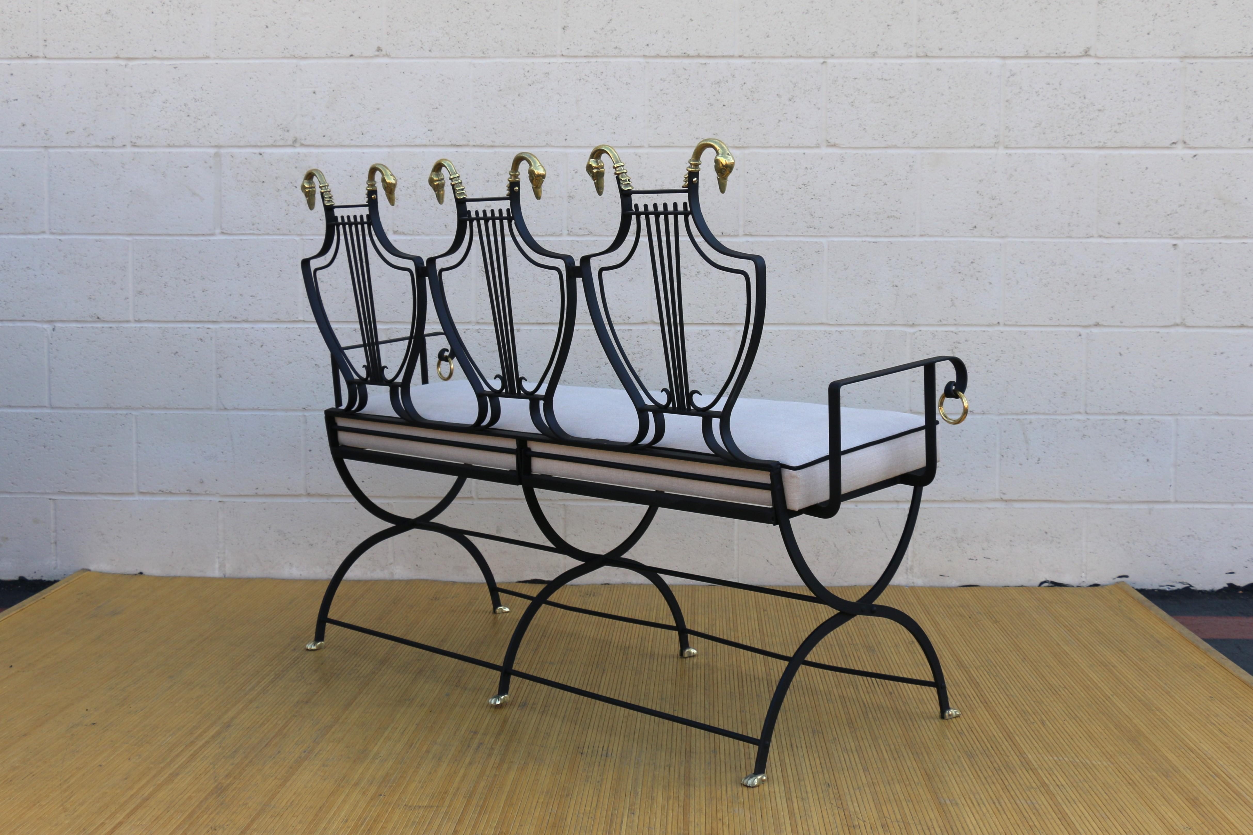 1950s Iron Lyre Back Settee With Brass Swans Heads and Paw Feet by Maison Jansen In Good Condition In North Hollywood, CA