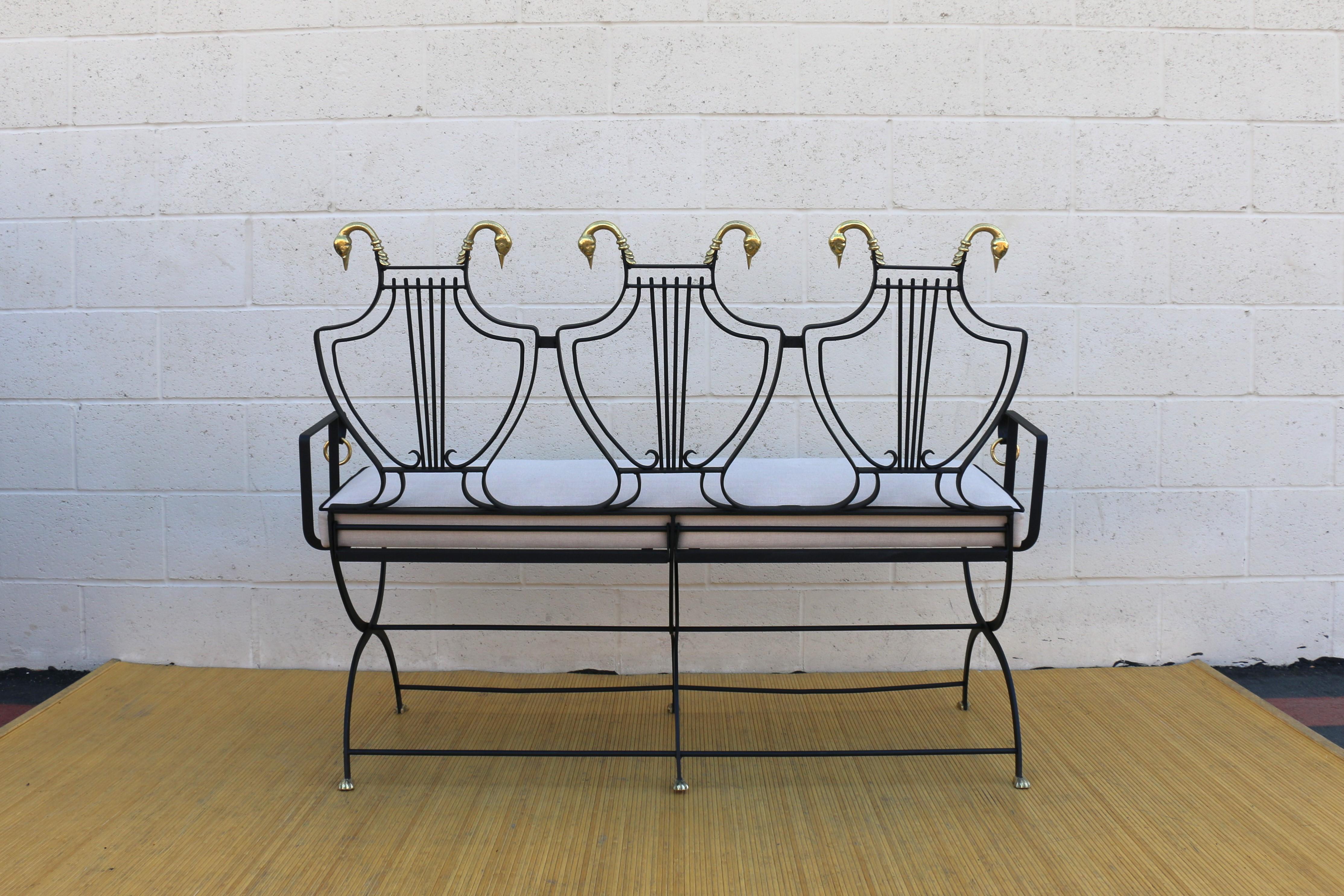Mid-20th Century 1950s Iron Lyre Back Settee With Brass Swans Heads and Paw Feet by Maison Jansen