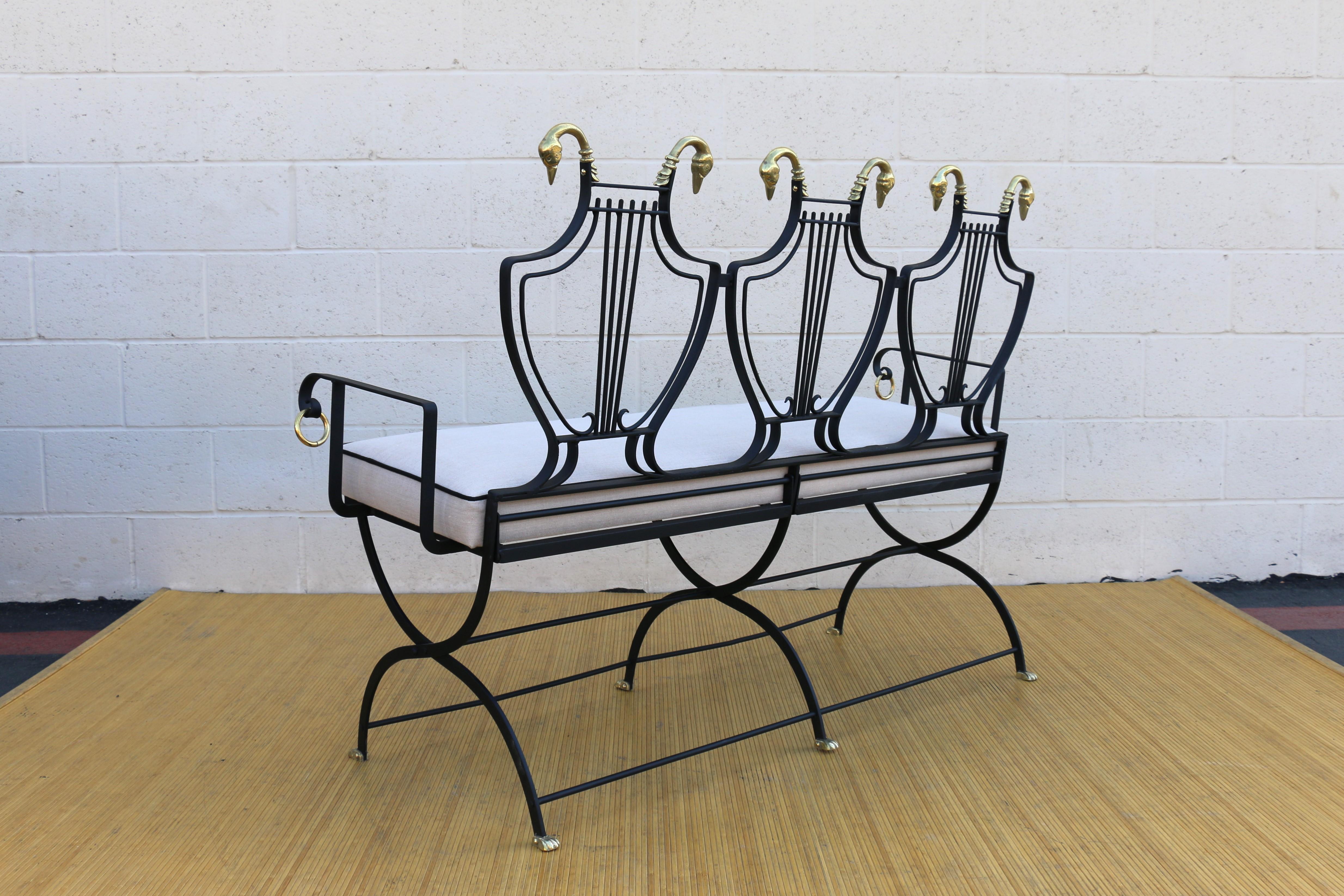 1950s Iron Lyre Back Settee With Brass Swans Heads and Paw Feet by Maison Jansen 1