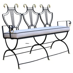 1950s Iron Lyre Back Settee With Brass Swans Heads and Paw Feet by Maison Jansen