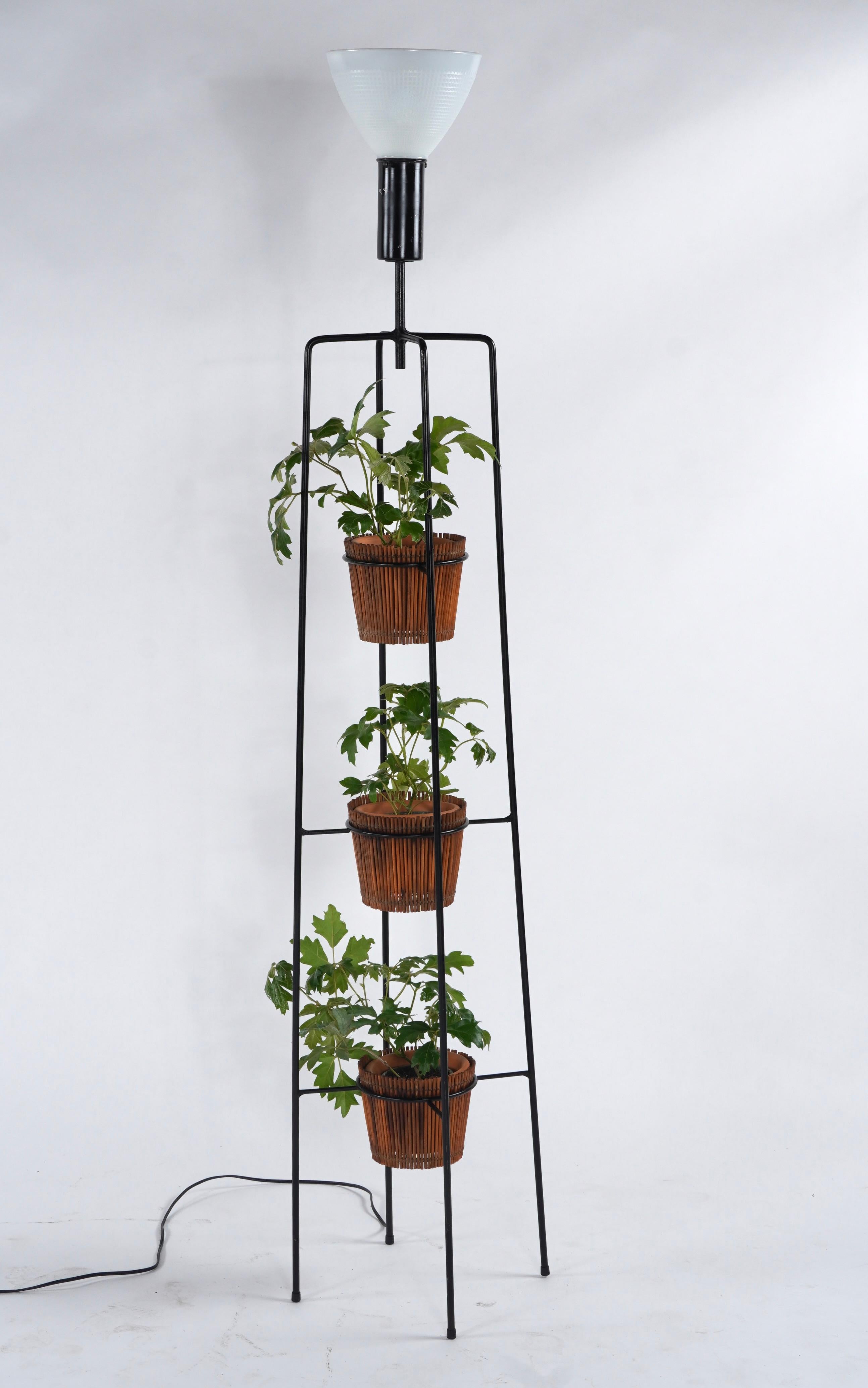 Mid-Century Modern 1950s Iron & Rattan Floor Lamp Planter Attributed to Tony Paul