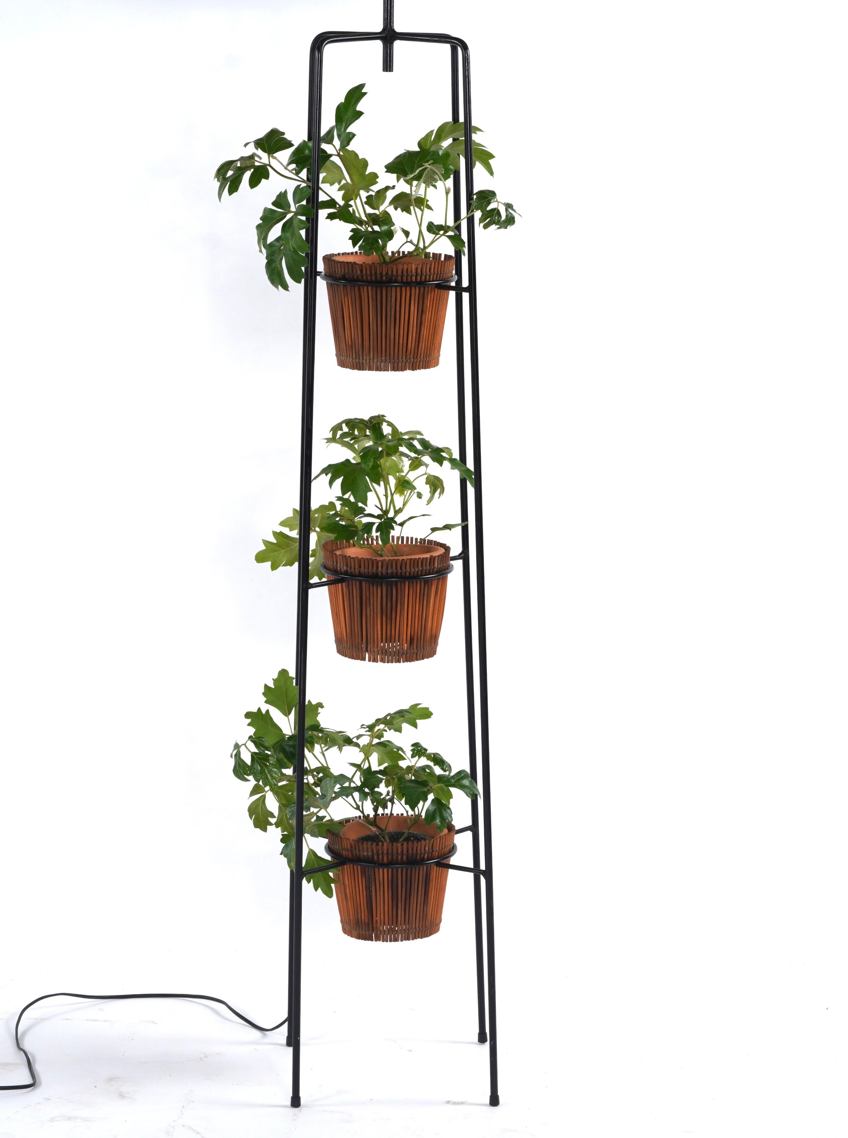 American 1950s Iron & Rattan Floor Lamp Planter Attributed to Tony Paul