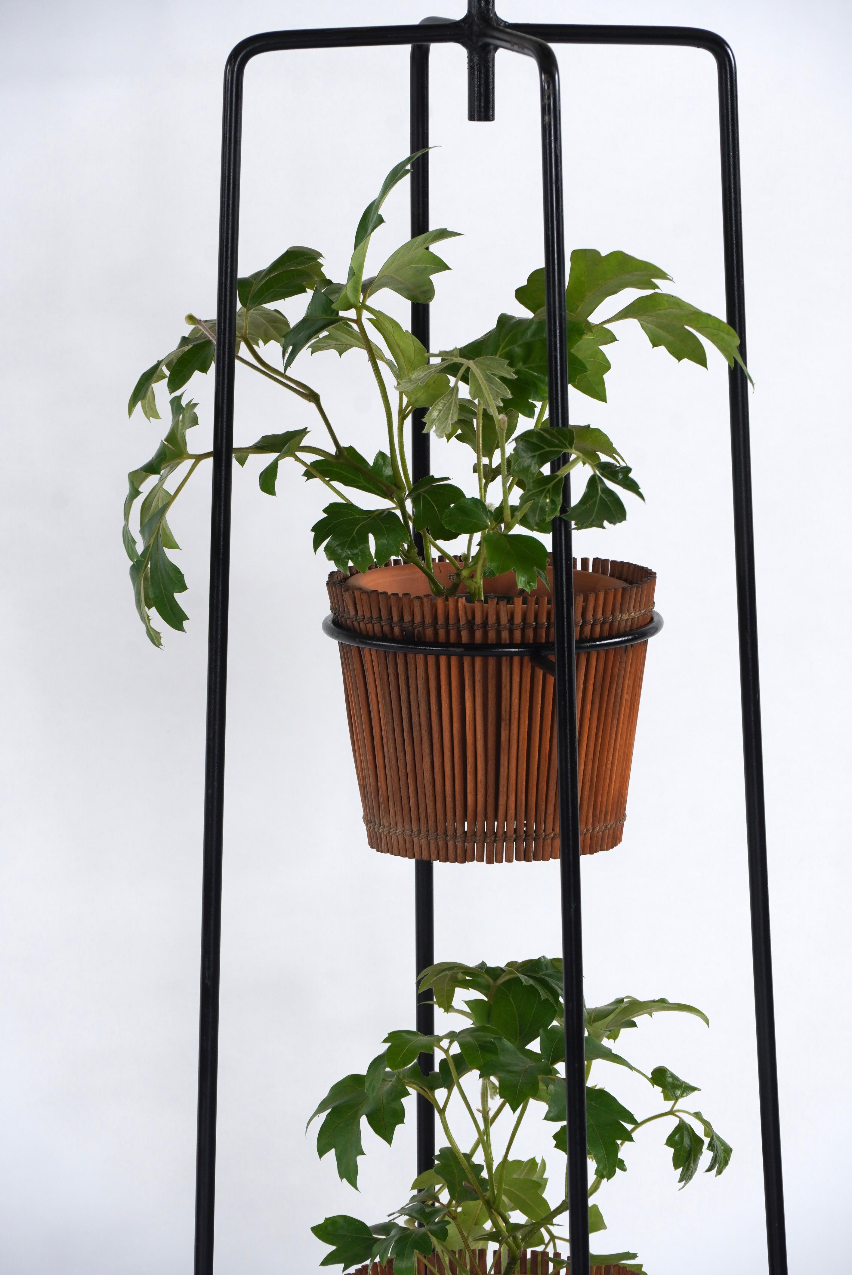 Hand-Crafted 1950s Iron & Rattan Floor Lamp Planter Attributed to Tony Paul