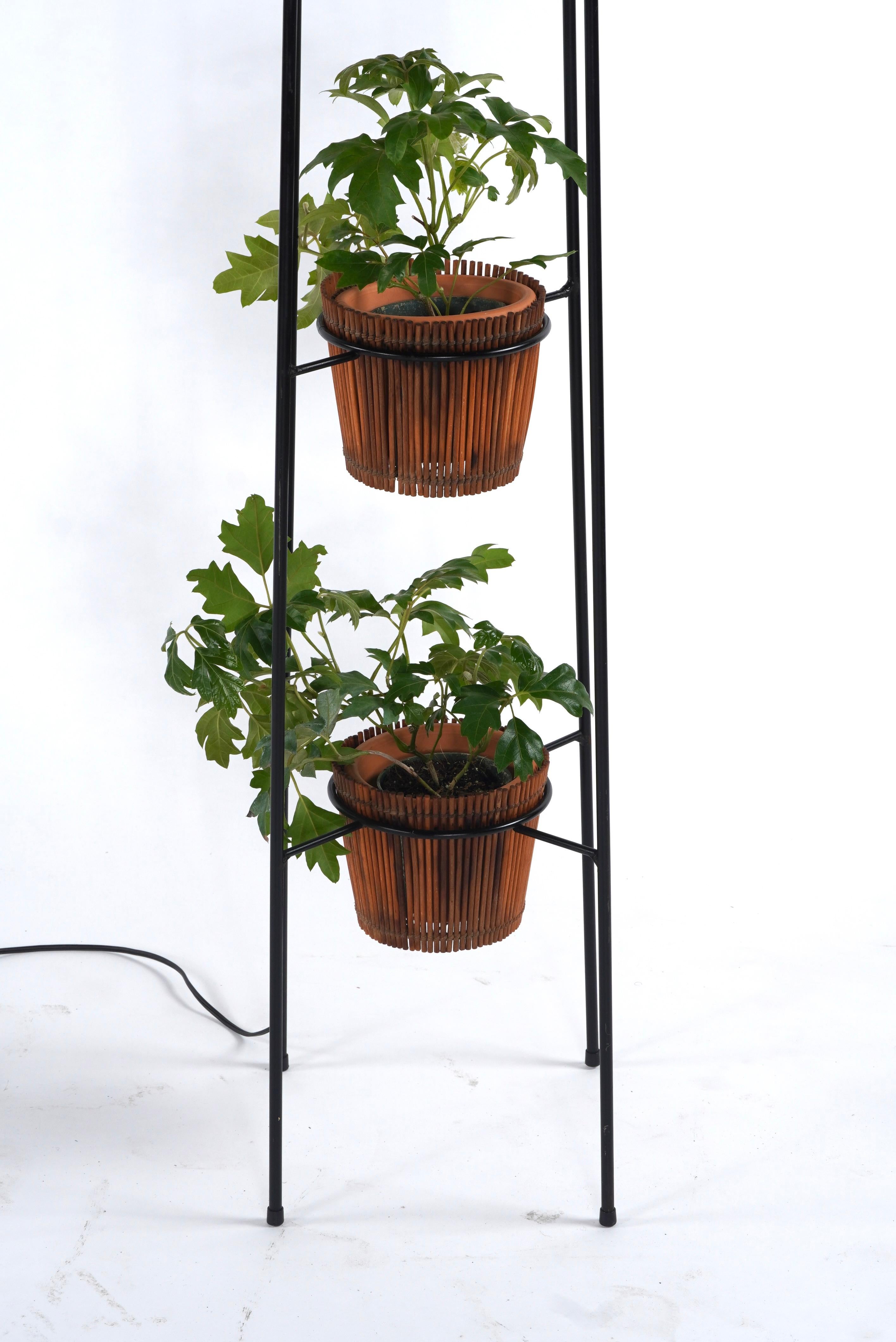 1950s Iron & Rattan Floor Lamp Planter Attributed to Tony Paul In Good Condition In Oakland, CA