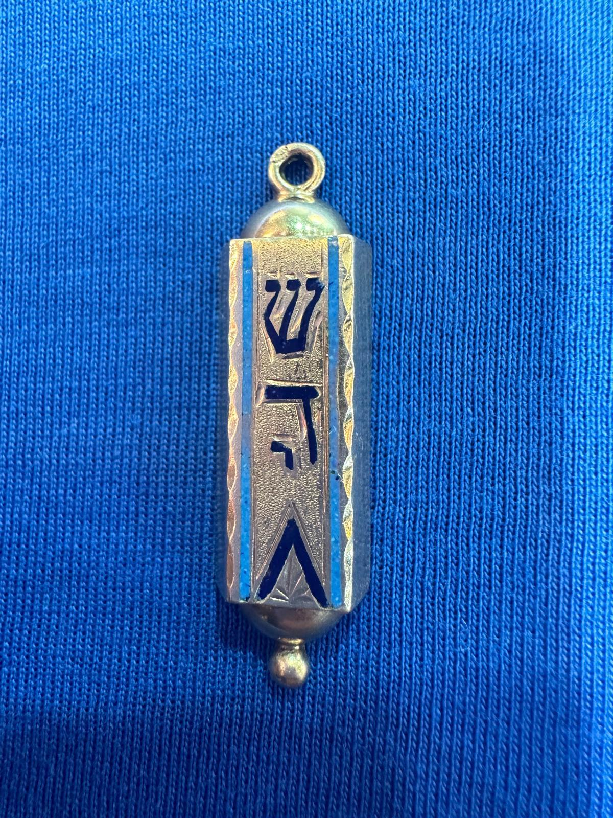 Mid-Century Modern 1950s Israeli 14K Gold Mezuzah Pendant with Enamel and Original Parchment