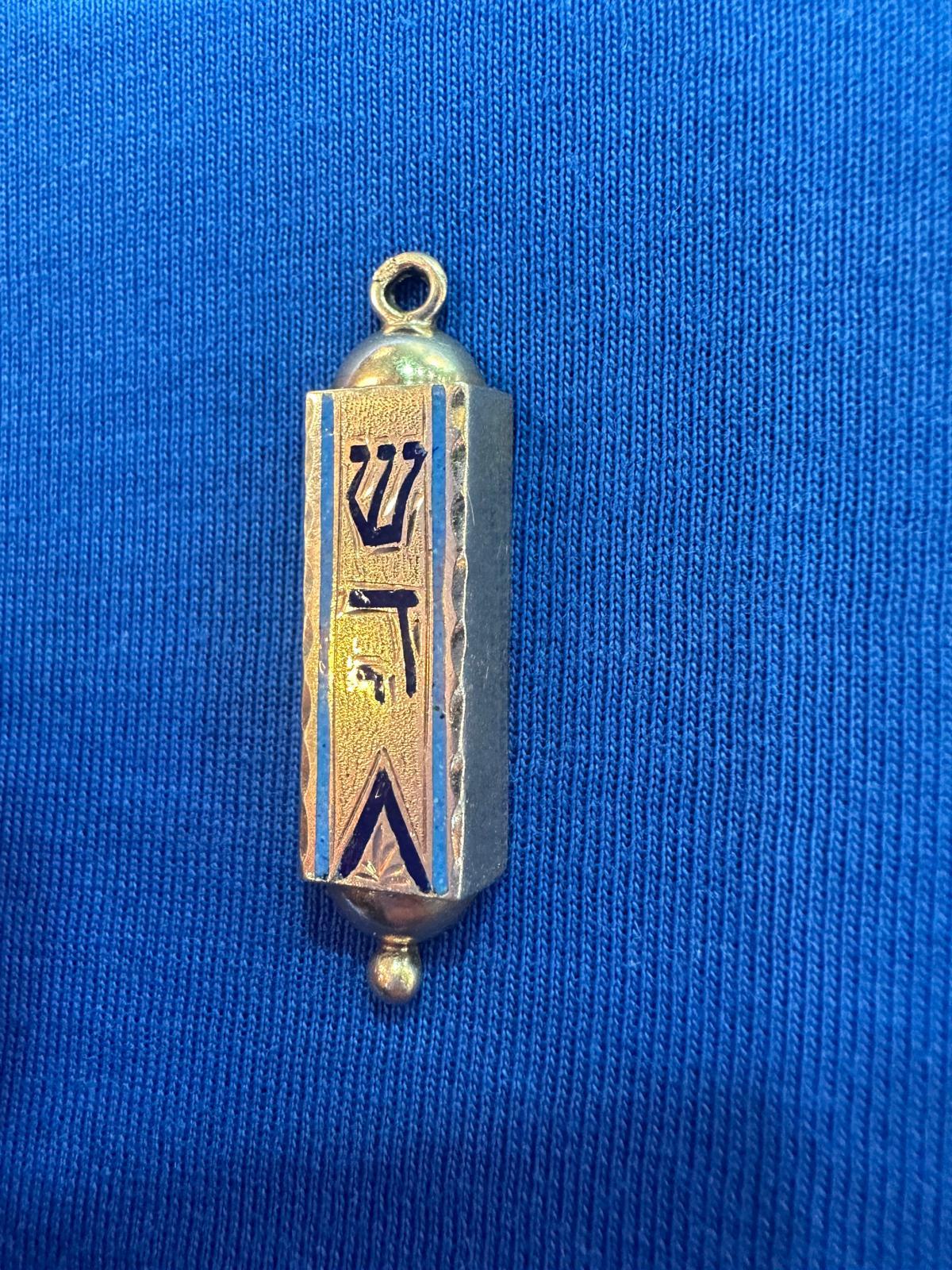 Hand-Crafted 1950s Israeli 14K Gold Mezuzah Pendant with Enamel and Original Parchment