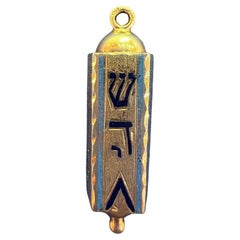 1950s Israeli 14K Gold Mezuzah Pendant with Enamel and Original Parchment