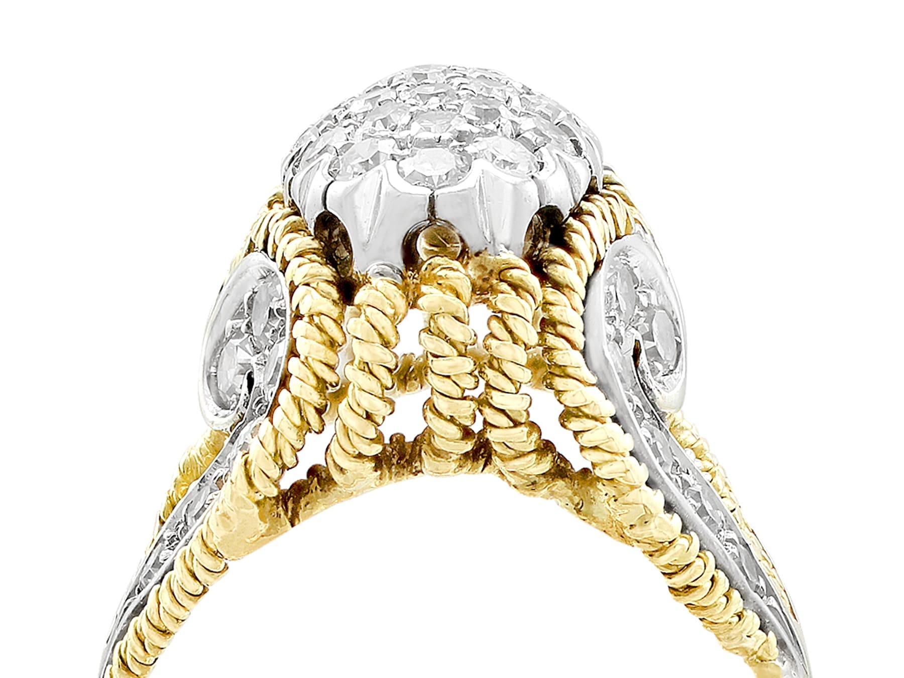 An unusual and impressive vintage Italian 1.12 carat diamond and 18 karat yellow gold, 18 karat white gold set cocktail ring; part of our diverse vintage jewelry collections.

This fine, impressive and unusual vintage diamond ring has been crafted