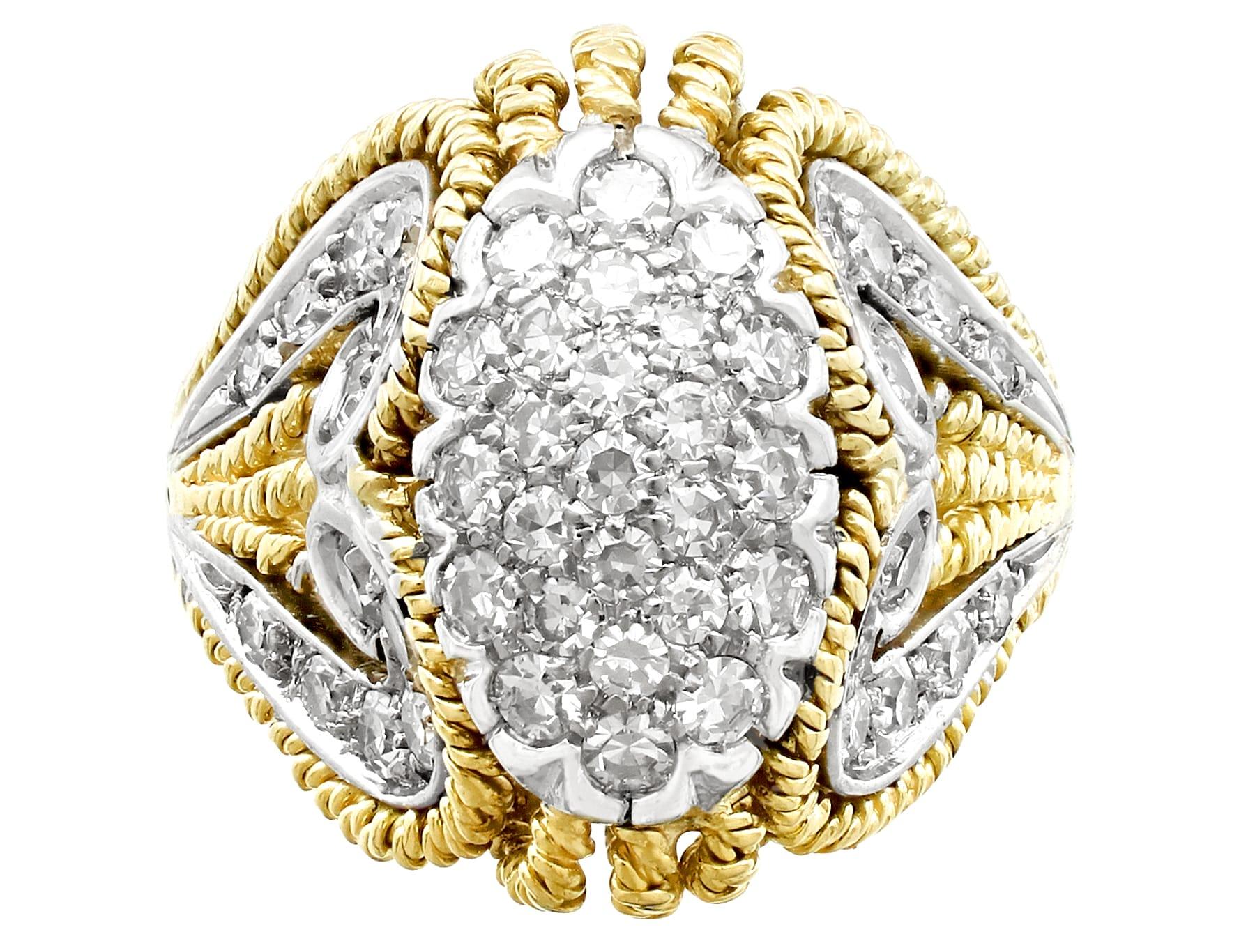 Round Cut 1950s Italian 1.12 Carat Diamond and Yellow Gold Cocktail Ring For Sale