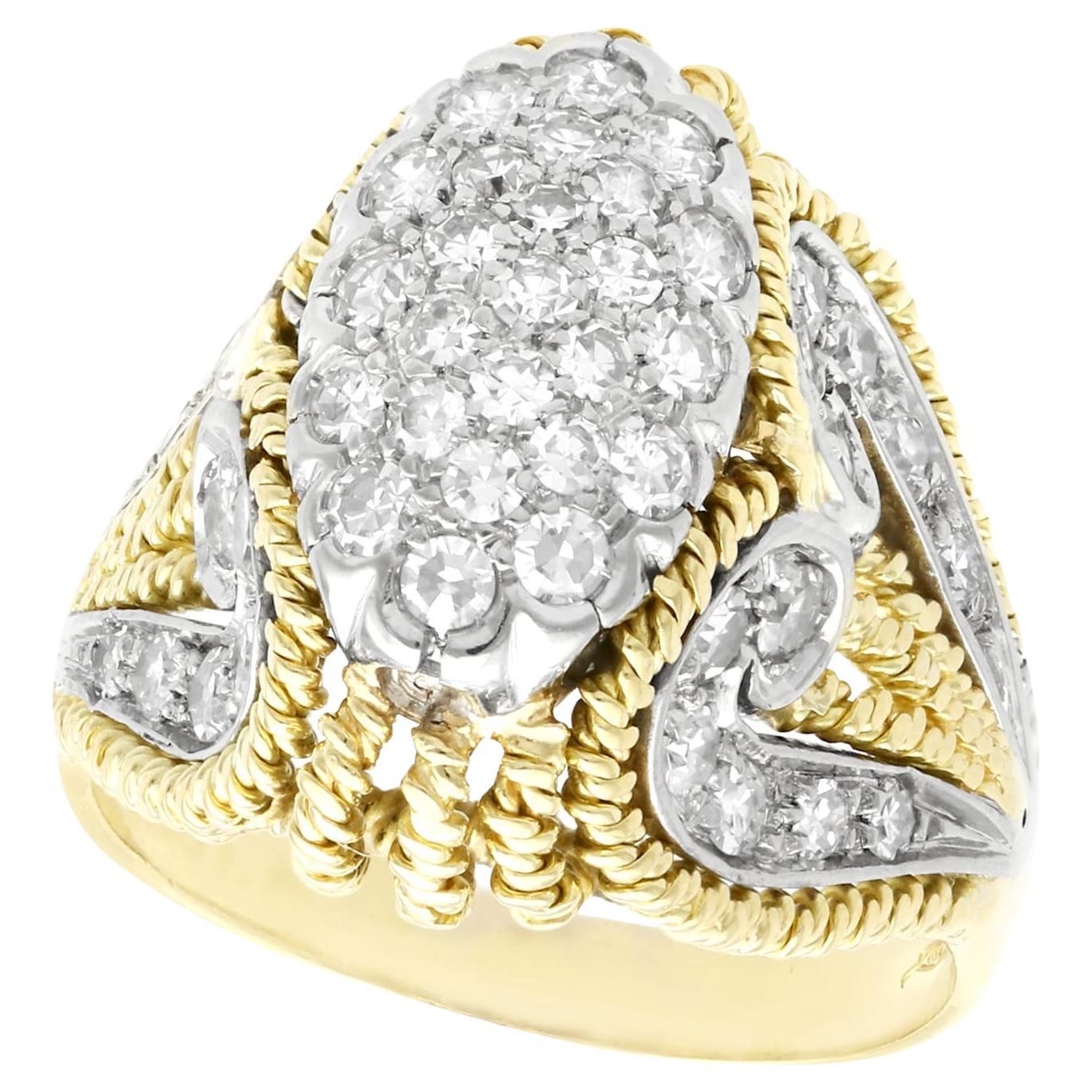 Bague de cocktail italienne des années 1950 en or jaune et diamant de 1,12 carat en vente