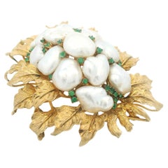 1950s Italian 14K Gold Brooch with Baroque Keshi Pearls and 1.40 Carat Emeralds