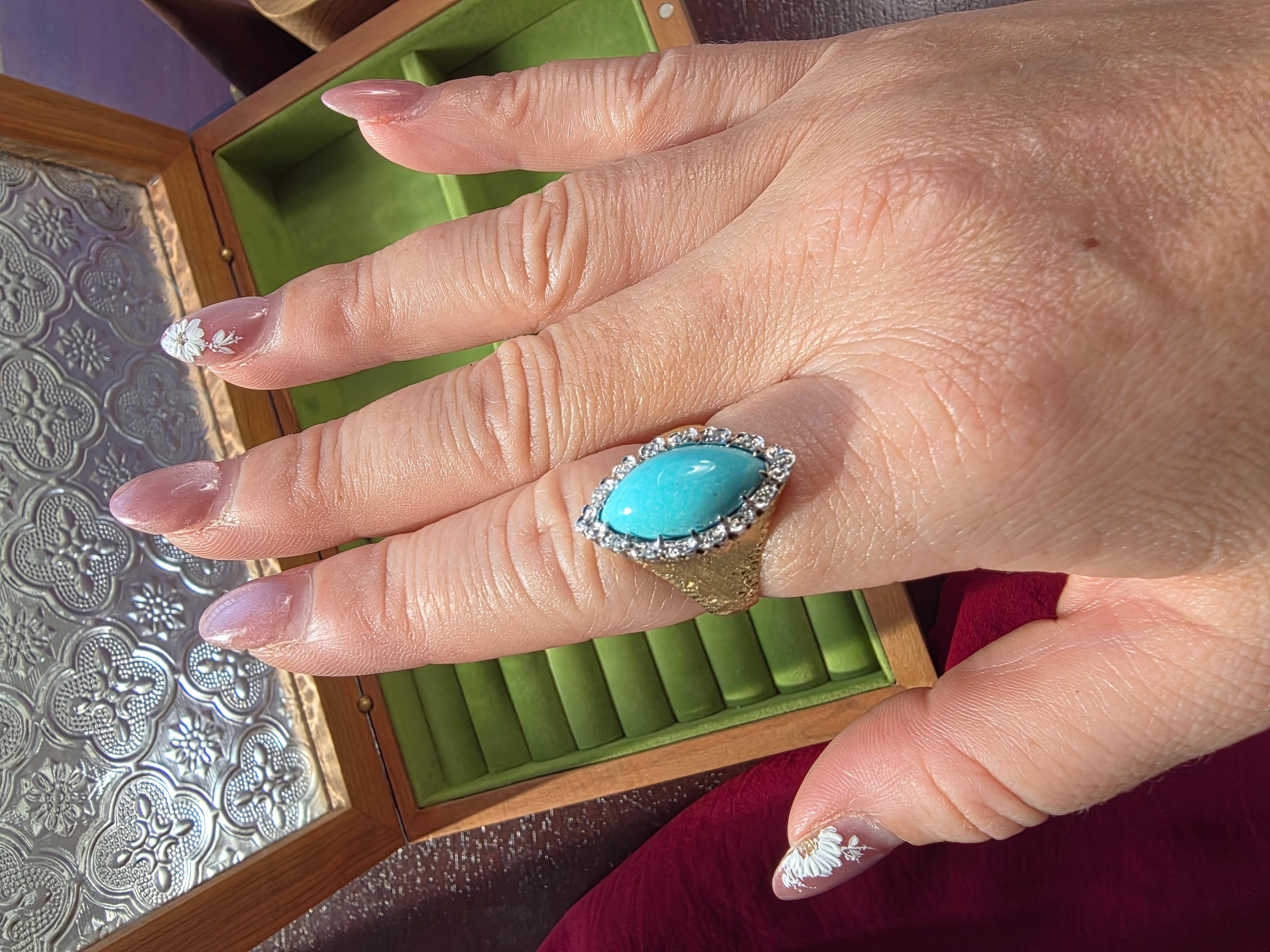 1950er Jahre Italienischer 18K Gold Türkis und Diamant Navette Ring im Angebot 1