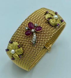 1950s Italian 18k gold woven cuff with Burmese rubies, diamonds and pearls