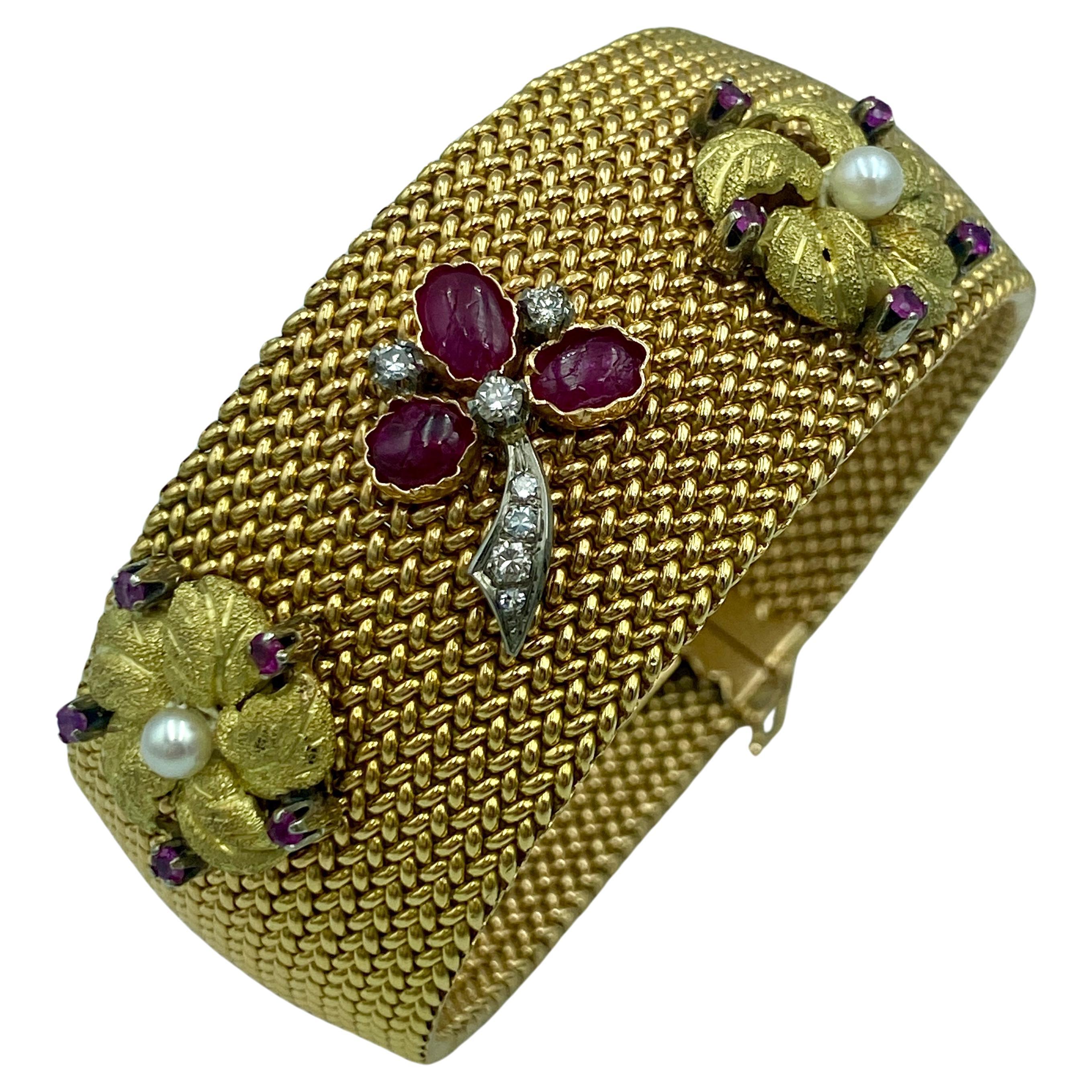 1950s Italian 18k gold woven cuff with Burmese rubies, diamonds and pearls For Sale