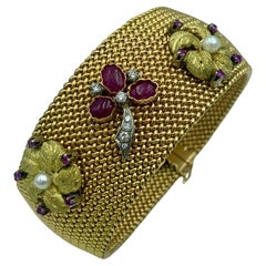 1950s Italian 18k gold woven cuff with Burmese rubies, diamonds and pearls