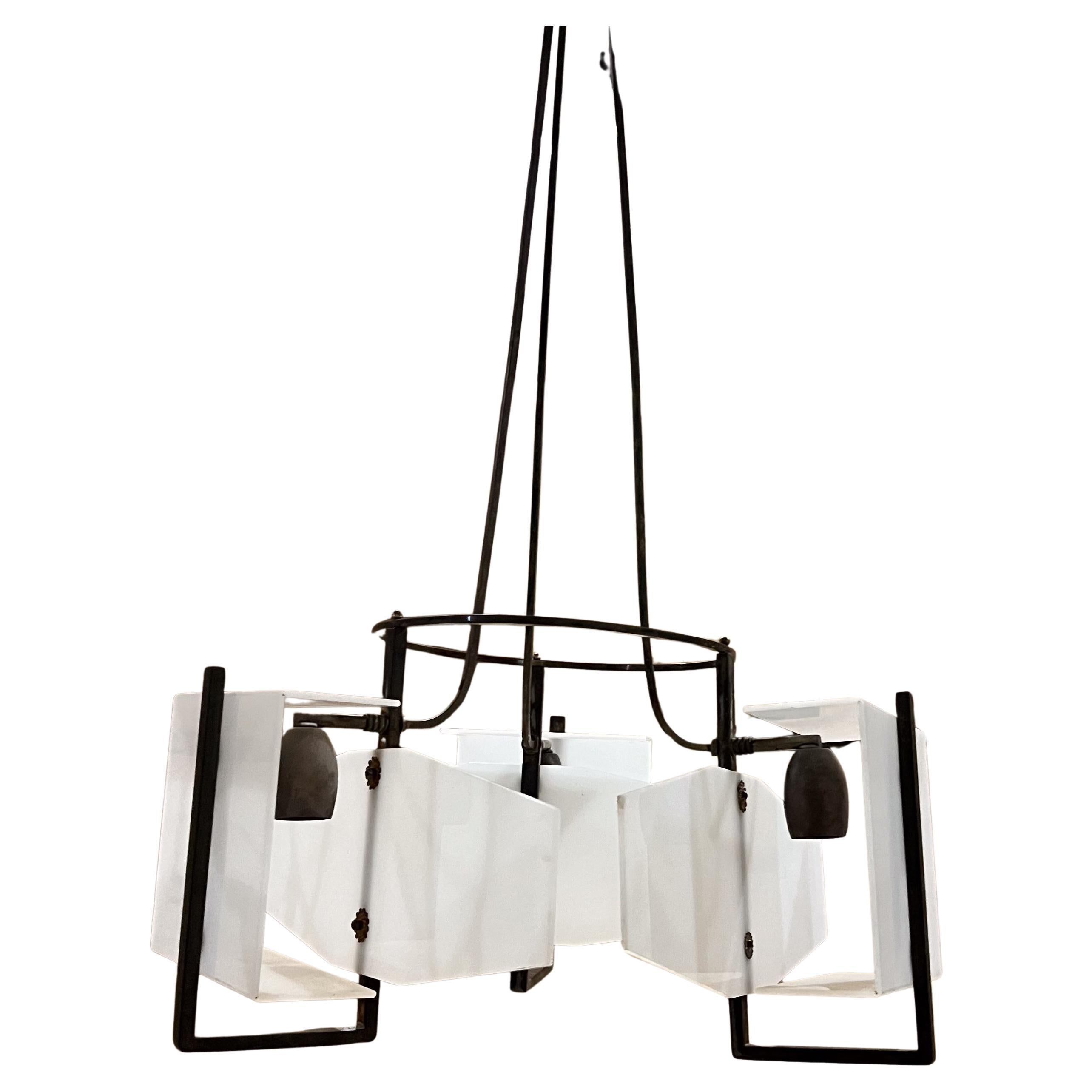 1950s Italian 3 Light Chandelier Patinated Brass Geometric Plexiglass