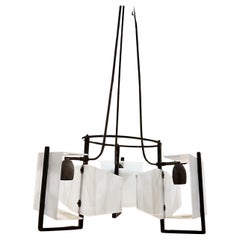 1950s Italian 3 Light Chandelier Patinated Brass Geometric Plexiglass