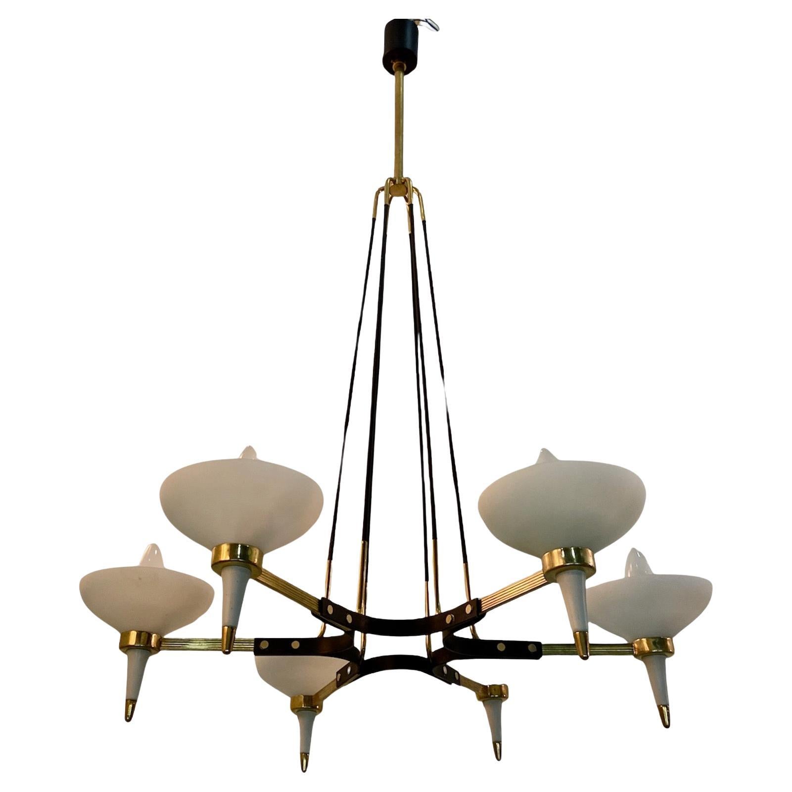 A large 1950's Italian 6 arms chandelier, in the manner of Angelo Lelli.
Please note that we are unable to remove the glass shades for shipping.