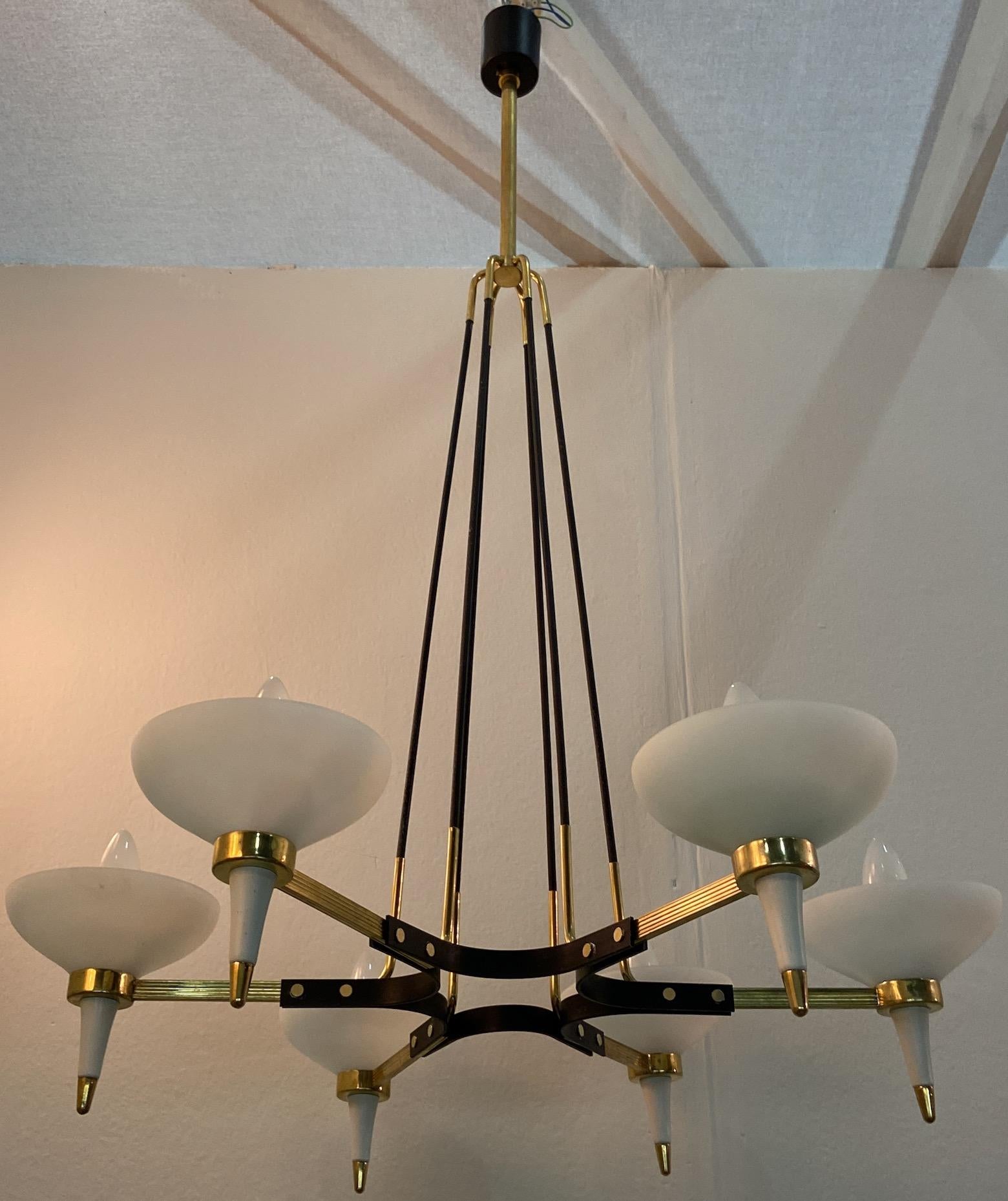 Mid-Century Modern 1950's Italian 6 arms chandelier, manner of Angelo Lelli For Sale