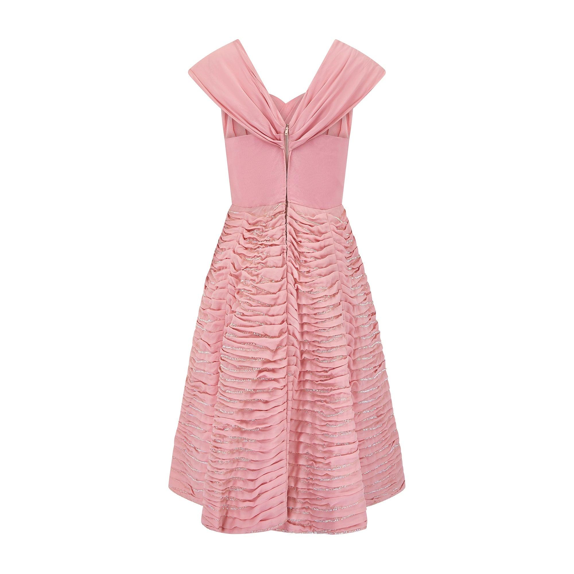 1950s Italian Alta Moda Pink Silk Crepe Ruched Sequin Dress In Excellent Condition For Sale In London, GB