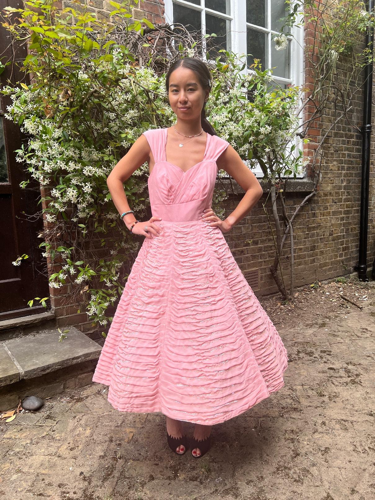 1950s Italian Alta Moda Pink Silk Crepe Ruched Sequin Dress For Sale 1
