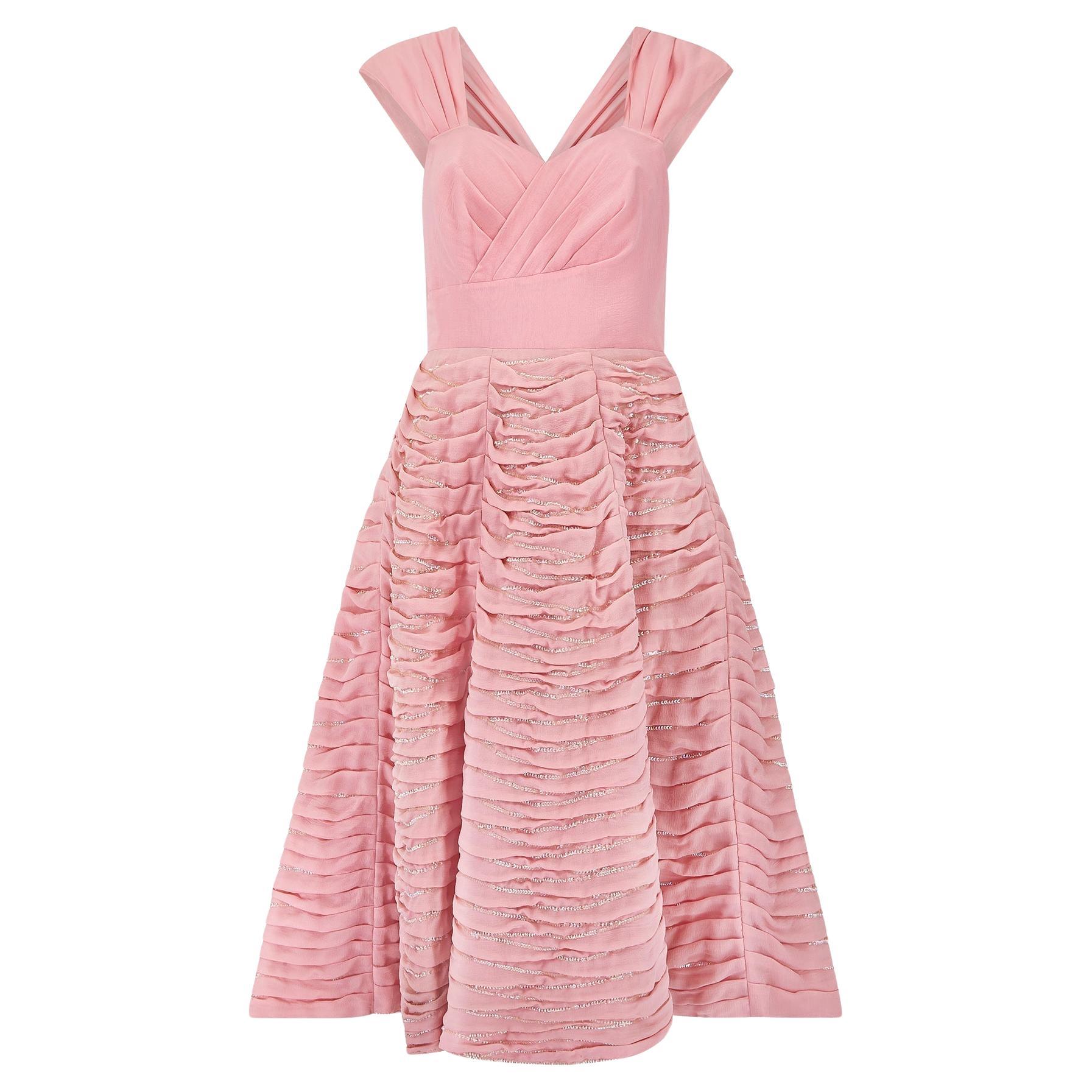 1950s Italian Alta Moda Pink Silk Crepe Ruched Sequin Dress For Sale