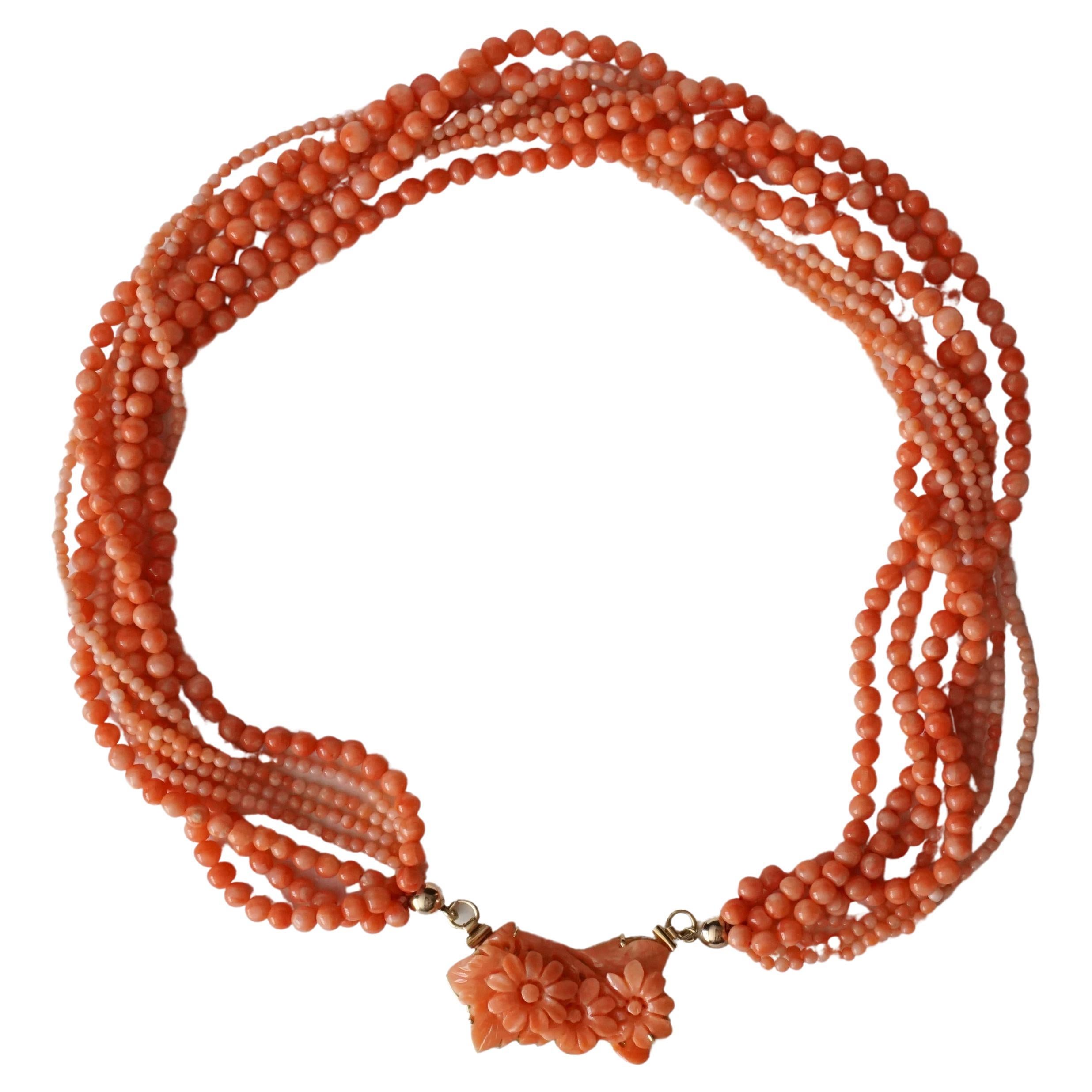 1950s Italian Angel Skin Coral Eight Strand Necklace 18kt Gold hand Carved Lock For Sale