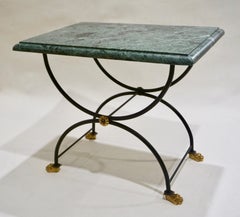 1950s Italian Antique Rustic Gold & Black Iron Green Marble Gueridon Sofa Table